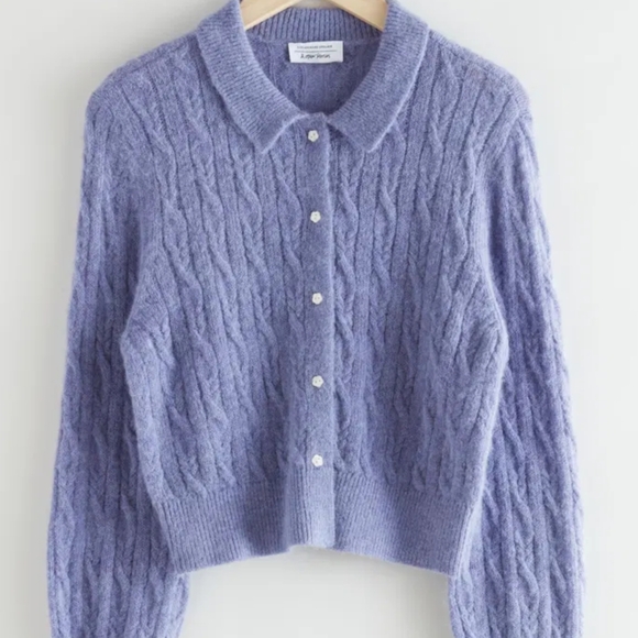 & Other Stories Purple Floral Button Alpaca Blend Cable Knit Cardigan - Picture 2 of 6